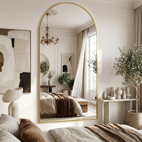 Suidia 86"x46" Arched Full Length Mirror with Stand, Gold Floor Mirror - Image 3