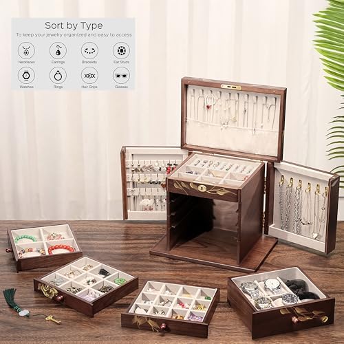 Hand-Painted Rose Wood Jewelry Box, 8-Layer Lockable Vintage Organizer - Image 3