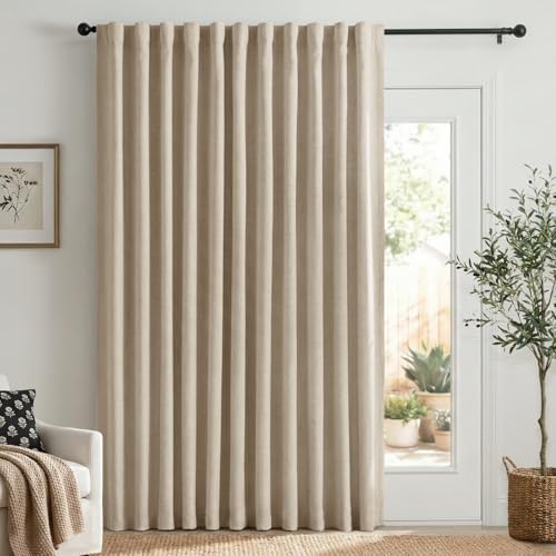 Linen Textured Total Blackout Sliding Door Curtains 90 Inches Long, Oatmeal by 100BlackoutShield