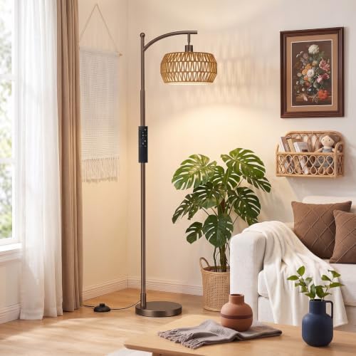 Ambimall Arc Floor Lamp with Remote & Rattan Double Shades, Brown Bohemian by Ambimall
