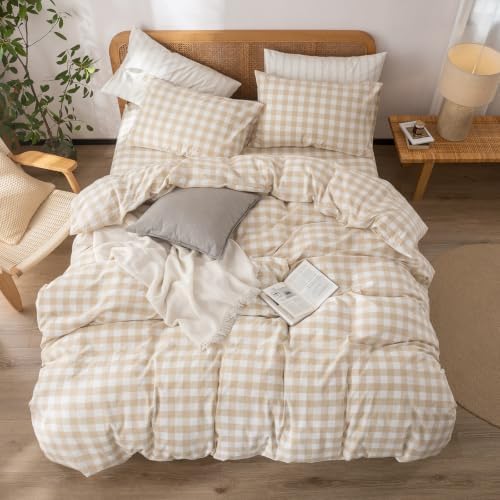 BESTOUCH Gingham Cotton Duvet Cover Set Almond Grey Full - Image 3