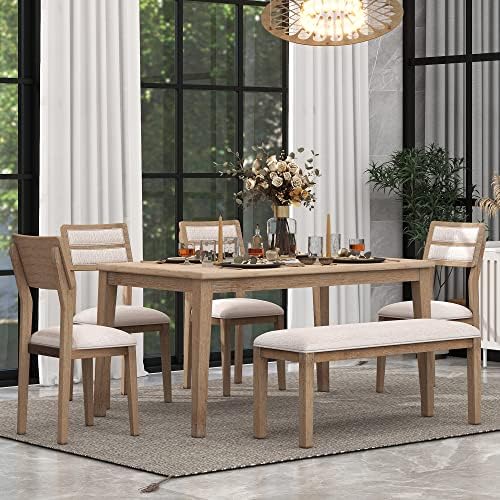 Merax 6-Piece Solid Wood Dining Room Table Set with 4 Chairs & Bench for Dining Room, Natural Wood Wash by Merax