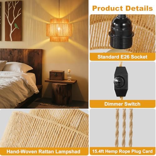 Boho Plug in Pendant Light Dimmable,Hanging Lamp for Bedroom - Image 5