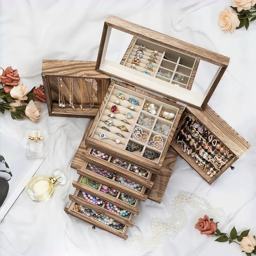 Emfogo Wooden Jewelry Box for Women, 6-Tier Large Jewelry Organizer Boxes with Mirror Rustic Solid Wood jewlery Storage Display for Rings Earrings Necklaces Bracelets watches(Carbonized Brown) - Image 7