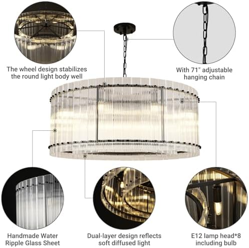 37" Modern Black Round Chandeliers,2-Tier 8-Light Water Ripple Crystal Glass Chandelier,for Dining Room,Living Room,Bedroom,High Ceiling,Foyer Entryway,Luxury Adjustable Hanging Chandelier - Image 6