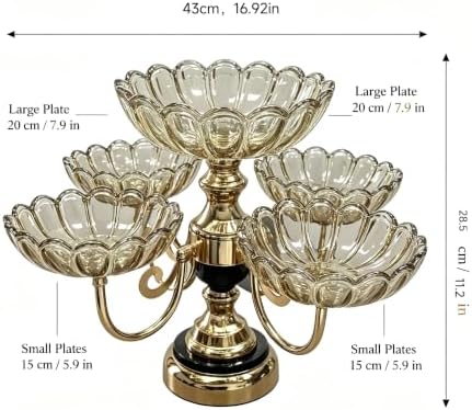 Rotatable 5 Plate Amber Electroplated Glass Fruit Serving Stand 1 Large Fixed Bowl 4 Rotatable Small Bowls Gold Metal Snack Tray Decorative Candy Nut Dessert Display for Dining Table Home Party Decor - Image 7