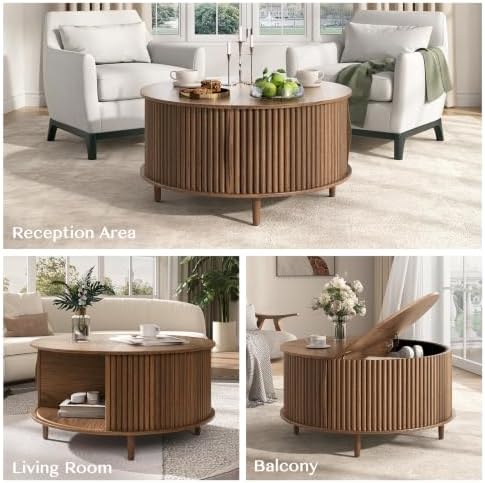 JOINICE 31.5" Round Coffee Table with Storage for Living Room, Walnut - Image 5