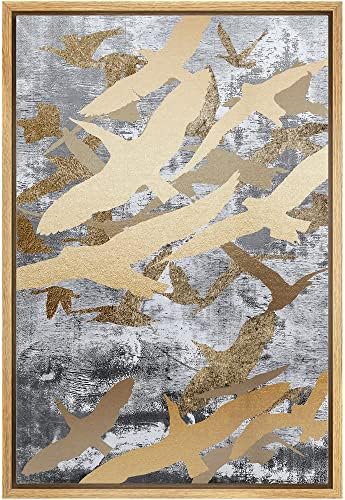 NWT Framed Canvas Print Wall Art Flying Golden Bird Collage Nature Wilderness Illustrations Modern Art Decorative Landscape Rustic Zen Colorful for Living Room, Bedroom, Office - 16"x24" Natural by NWT