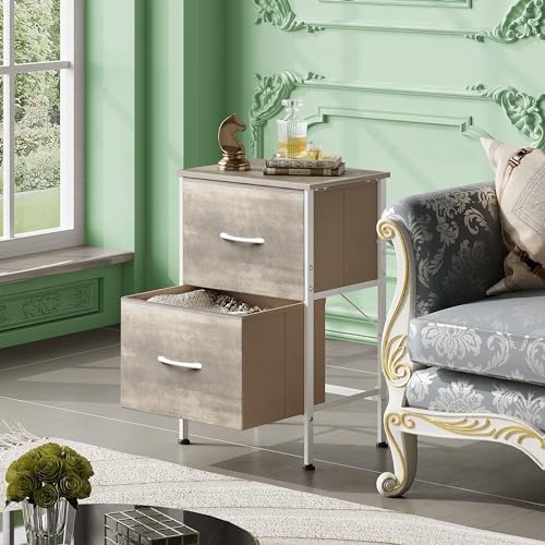 WLIVE Night Stand, Greige Nightstand with 2 Fabric Drawers, Small Dresser for Bedroom, Bedside Table End Table with Storage Drawer, College Dorm, Dormitory, Greige Oak - Image 4