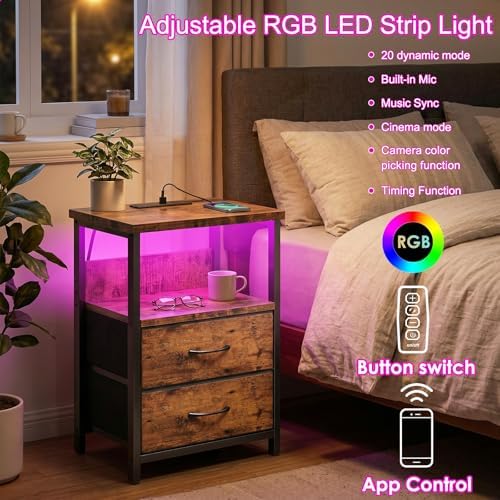 Fixwal Night Stand with Charging Station, Led Nightstand, 2 Fabric Drawers - Image 4
