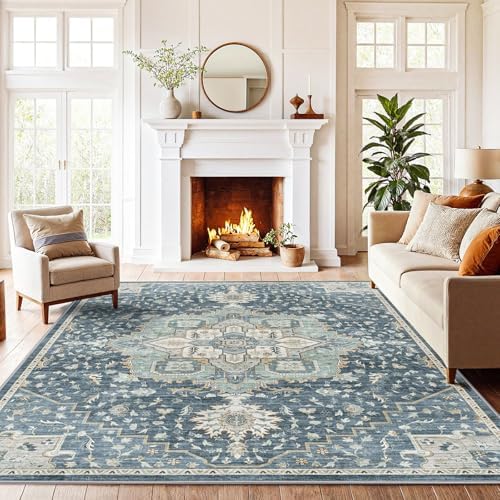 Amada 5x7 Washable Area Rug for Living Room, Blue/Yellow, Vintage Pattern by AMADAHOMEFURNISHING