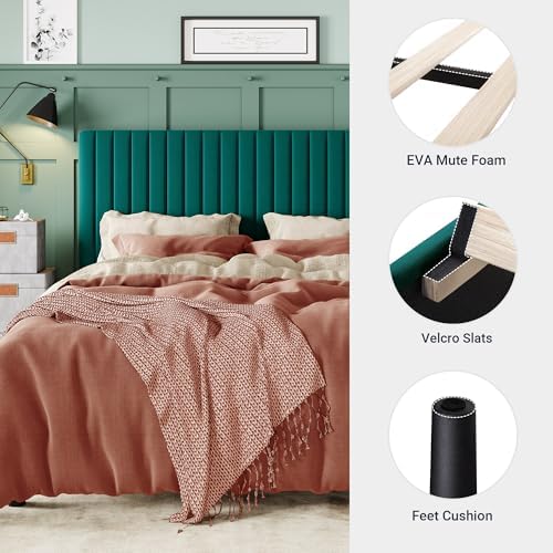 Allewie King Bed Frame, Velvet Upholstered Platform Bed with Adjustable Vertical Channel Tufted Headboard, Mattress Foundation with Strong Wooden Slats, Box Spring Optional, Easy Assembly, Teal - Image 5