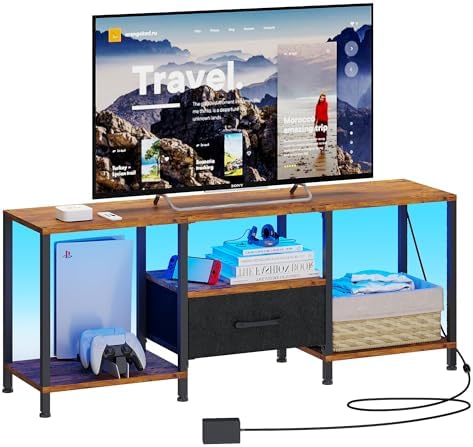 JARHETUN TV Stand with LED Lights, Entertainment Center with Open Shelves and Fabric Drawer, Media Console for 55 Inch TV, Television Stands, Living Room Furniture, Bedroom, Rustic Brown by JARHETUN