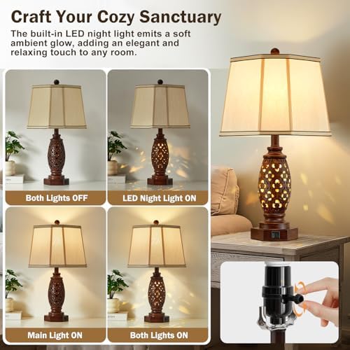 EJIAXIN Bedside Lamps Set of 2-23.5" Vintage Table Lamp with USB A+C and Nightlight - Brown Carved Resin Farmhouse Desk Lamp for Bedrooms, End Tables, Living Room, Bulbs Included - Image 3