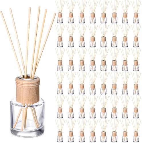 Roshtia 50 Set Reed Diffuser Bottle Empty Refillable Fragrance Glass Diffuser Bottles Set with Wooden Caps Sticks 50ml 1.7 oz Round Glass Jars for DIY Fragrance by Roshtia