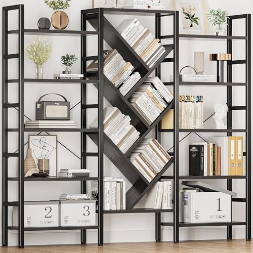 INNOD 70x70” Triple 5 Tier Book Shelf, Large Wooden Bookcase with 17 Open Display Shelf, Modern Tree Bookshelf Metal Frame Tall Book Case Furniture for Living Room Bedroom Home Office Black by INNODToddlerTower
