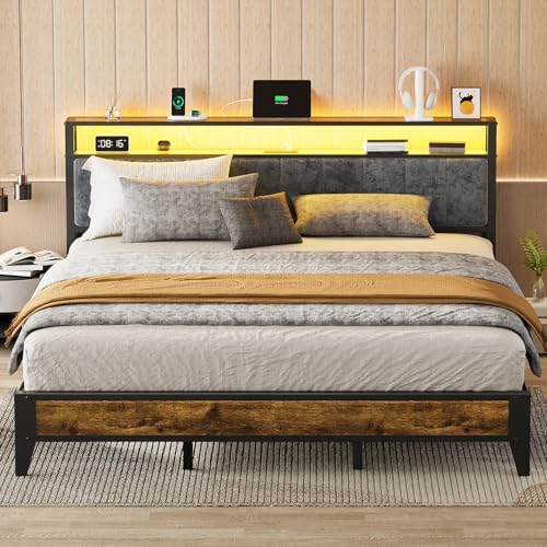 OLEVS King Bed Frame with Headboard, Metal Platform Bed King Size with 2-Tier Storage, LED Light & Charging Station Type C, No Box Spring Needed, Easy Assembly by OLEVSHOME