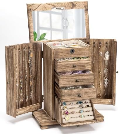 Miratino Jewelry Boxes for Women, 5 Layer Large Wooden Jewelry Organizer Box with Lock, Mirror & Drawers, Jewelry Boxes & Organizers for Necklaces Earrings Rings Bracelets (Rustic Brown) by Sayhellotogoodlife