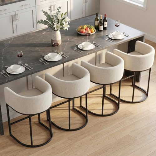 Counter Height Bar Stools Set of 4, 24 Inch Seat Height Barstools for Dining Room, Fabric Upholstered Bar Chair for Kitchen Island, Linen Counter Stools with Metal Legs, Beige by KRAMZMINGQualityHome