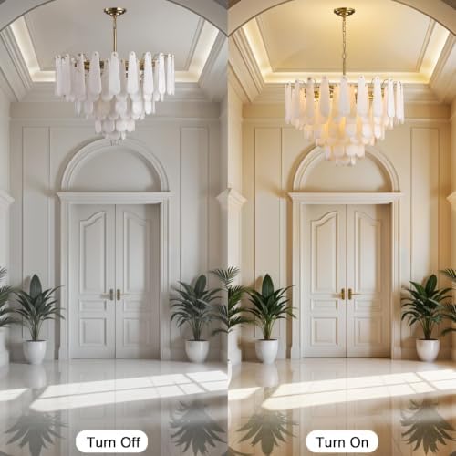 Alabaster Chandelier, D31.5 in Modern Feathery Round Chandelier, 6-Tiers Luxury Large White Marble Brass Chandeliers for Dining Room Bedroom Foyer Living Room Entryway - Image 4