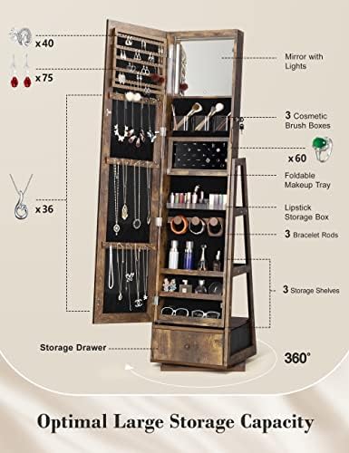 Nicetree 360° Swivel Jewelry Cabinet with Lights, Full Length Mirror - Image 5