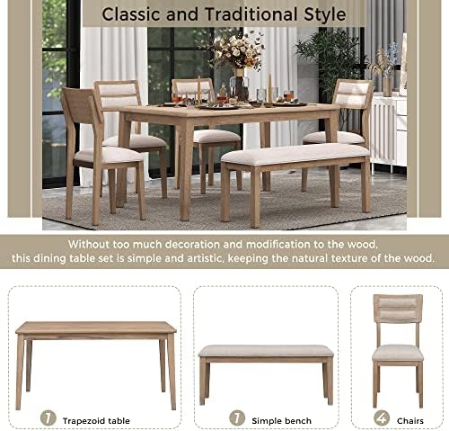 Merax 6-Piece Solid Wood Dining Table Set, Farmhouse Kitchen Table with Bench, 4 Upholstered Chairs, Rustic Dining Room Set for Kitchen, Dining Room, Living Room- Natural Wood Wash - Image 5