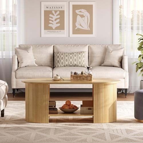 42" Oval Fluted Coffee Table, 2-Tier Center Table with Large Storage, Mid-Century Modern Wood Coffee Table for Living Room, Home Office, Small Space, Oak - Image 5