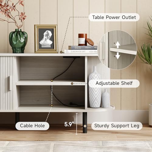 ONBRILL 63" TV Stand with Power Outlet & Storage for TVs 60", Natural White - Image 6