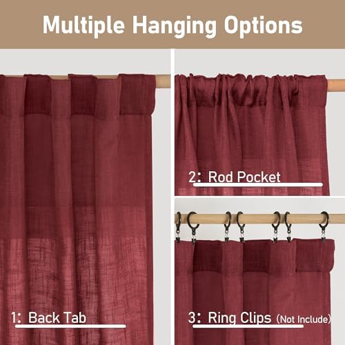 LAMIT Burgundy Red Linen Curtains 45 Inch Length for Bedroom 2 Panels - Image 3