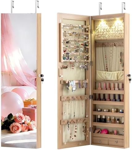 NAFORT 2 LEDs Full Length Mirror with Jewelry Armoire, Jewelry Organizers and Storage with 2 Mounting Options, 47.5”H Jewelry Cabinet with 2 Drawers, Make up & Lockable Jewelry Box, Natural Wood by NAFORT