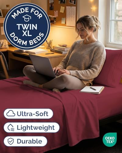 Twin XL 3 Piece Sheet Set - College Dorm Room Essentials - Burgundy - Image 2