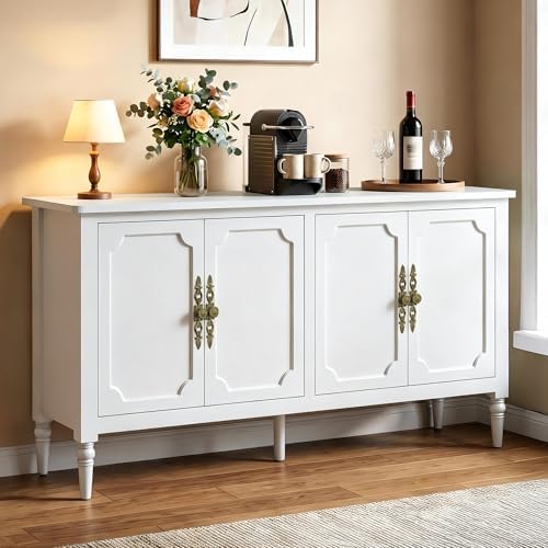 RoyalCraft Buffet Cabinet with Storage, 59" Vintage Sideboard with Adjustable Shelves, Mid Century Modern Painted Credenza Coffee Bar for Kitchen, Dining Room, Entryway, Living Room, Satin White by Bringyoubetterlife