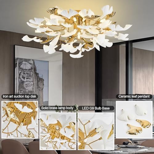 Modern Chandelier Ceiling Light, Gold Ceramic Ginkgo Leaf Chandeliers Brass Chandelier Light Fixture for Kitchen Living Room Dining Room, 24" Ceiling Light Fixture - Image 4