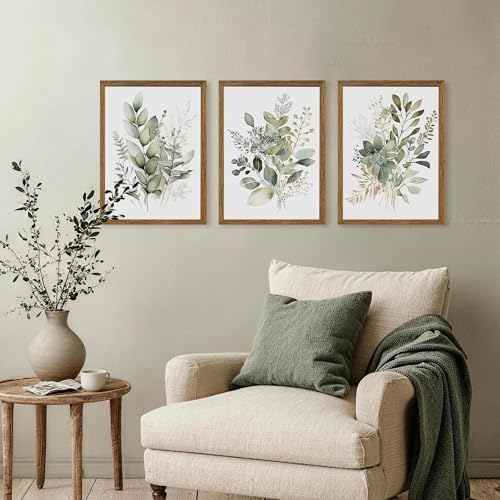 AVECCO 3 Pieces Green Watercolor Botanical Framed Canvas Wall Art 12x16 in - Image 3