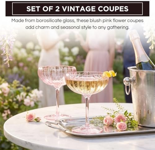 Khen Flower Modern Wavy Glass Coupes Martini, Champagne & Cocktail Coupes - Set of 2-7.7oz Colorful Cocktail Glasses & Prosecco, Mimosa Glassware Copyright Design - Blush Pink - Image 3