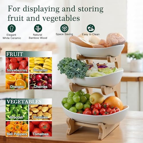 SEVEN SPARTA Fruit Bowl for Kitchen Counter - 3 Tier Ceramic Serving Bowls with Bamboo Stand, Tiered Fruit Basket for Fruit Vegetable Storage, Cake, Dessert, Nuts, Snack, Salad (Dishwasher safe) - Image 3
