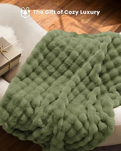Ultra Soft Cozy Faux Fur Throw Blanket, Fuzzy Plush Thick Bubble Blanket, Oversize Luxury Fluffy Blanket for Couch, Sofa, Bedroom, and Living Room,50x60 Inches,Green - Image 4
