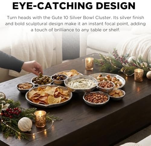Cluster of 10 Round Serving Bowls Silver Clusters Decorative Elegant Snack Tray for Olives, Chip & Dip, Nuts, Appetizers & Entertaining Strong Brass & Enamel Home Decor Gifts, Parties & Weddings 20.5" - Image 5