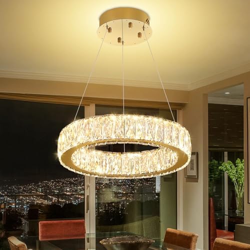 Modern LED Ring Pendant Light Dimmable Crystal Chandelier 15.7" Gold Crystal Chandelier for Dining Room Living Room by IDEQUY