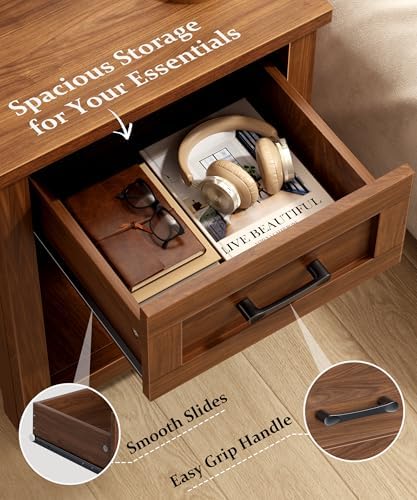Decofy Farmhouse Nightstand with Charging Station, Walnut - Image 6