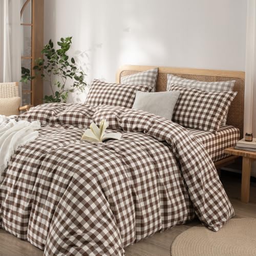 BESTOUCH Gingham Cotton Duvet Cover Set Cocoa Brown Full - Image 6
