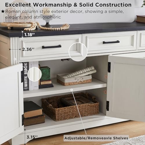 JXQTLINGMU 66" Farmhouse Buffet Cabinet with Storage, Sideboard Credenza, Carved Cloud-Inspired Doors, 3 Drawers & Adjustable Shelves, Coffee Bar Cabinet, Off White - Image 5