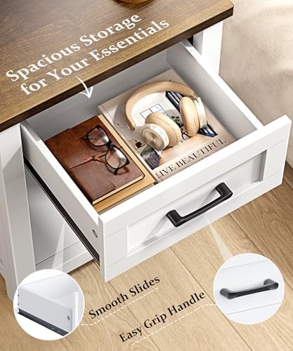 Decofy Farmhouse Nightstand with Charging Station, White & Walnut - Image 6