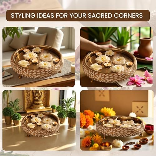 RITUALISTIC Vrinda Handcarved Wooden Urli Bowl (11.5 inches) | Mango Wood with Floral Sacred Carving & Detachable Legs | Floating Candles, Flowers & Festive Décor | Diwali Housewarming Premium Gift - Image 5