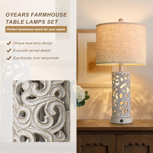 OYEARS 22'' Farmhouse Table Lamp for Living Room, Bedside Lamp with 2 USB Ports for Bedroom, Rustic Nightstand Lamp with Linen Lampshade for Office Hallway Home Decor, Distressed Grey (Bulb Included) - Image 4