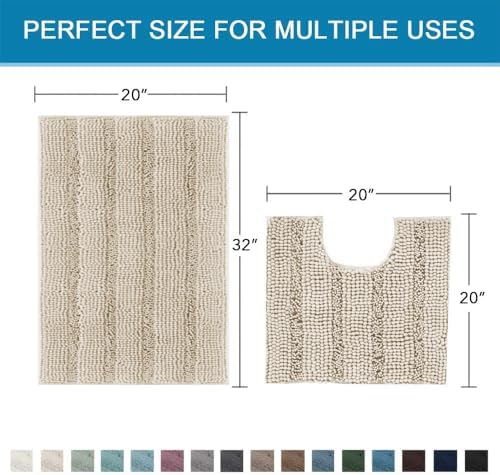 H.VERSAILTEX Bathroom Rug Sets 2 Piece Bath Mats Non Slip Thick Soft Chenille Striped Bath Rug achine Washable Shower Floor Rugs for Tub, Shower and Floor (Fog, 20"x32" Plus 20"x20" U) - Image 2