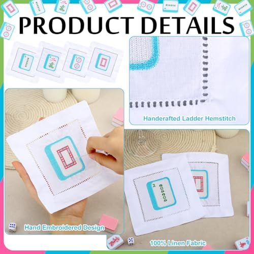 Chumia 4 Pcs Mahjong Gift Embroidered Napkins for Mahjong Lovers, Classic - Image 3