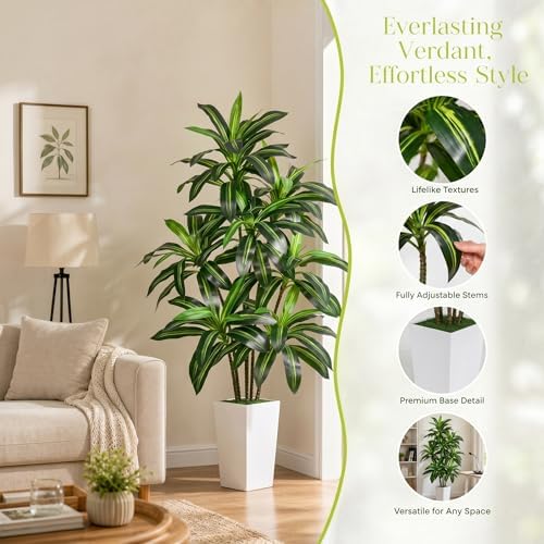 5FT Artificial Dracaena Tree with 15.7-inch White Planter, Fake Tree with Lifelike Leaves Indoor for Home Decor Office Living Room - Image 3