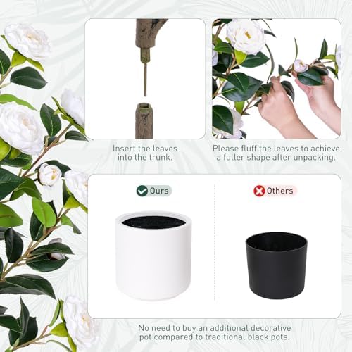 Yepdin 47 inch Artificial Camellia Tree with White Flower Pots -2 Pack White Fake Tree,4 Ft Faux Plants Indoor wich Blooming,Artificial Plants for Indoor & Outdoor Home Front Door Decor - Image 4