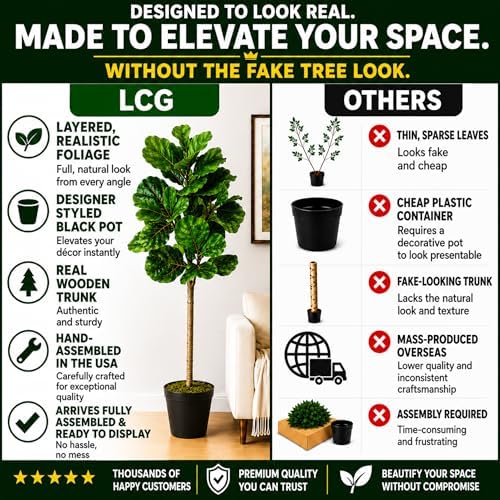 LCG Florals 5ft Artificial Fiddle Leaf Fig Tree - Real Wood Trunk, Preassembled, No Maintenance Indoor Faux Plant in Black Pot - Living Room, Home & Office Decor - Image 3
